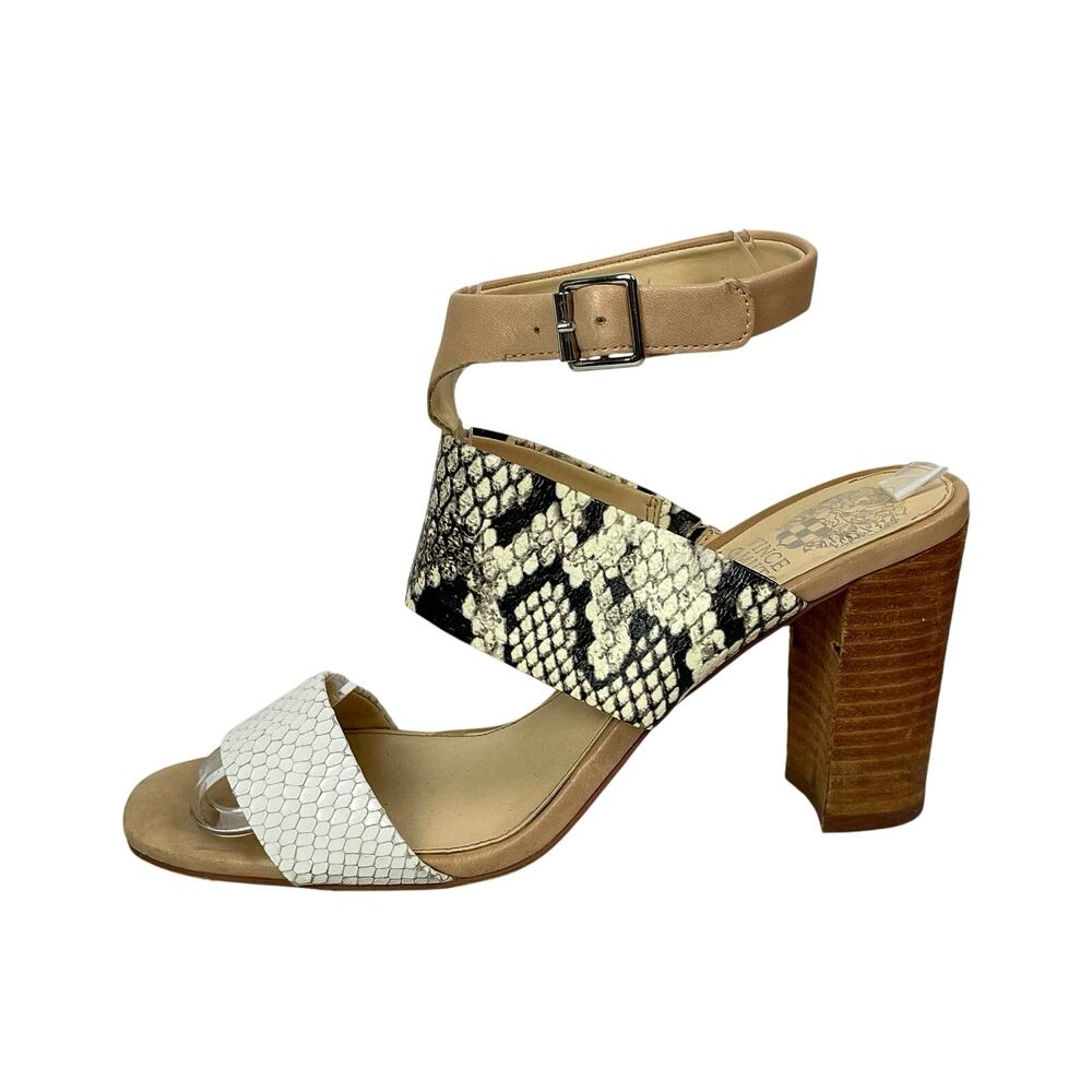 Vince Camuto Warma Snakeskin Print Band Open Toe T Strap Block Heels Sandals 8.5